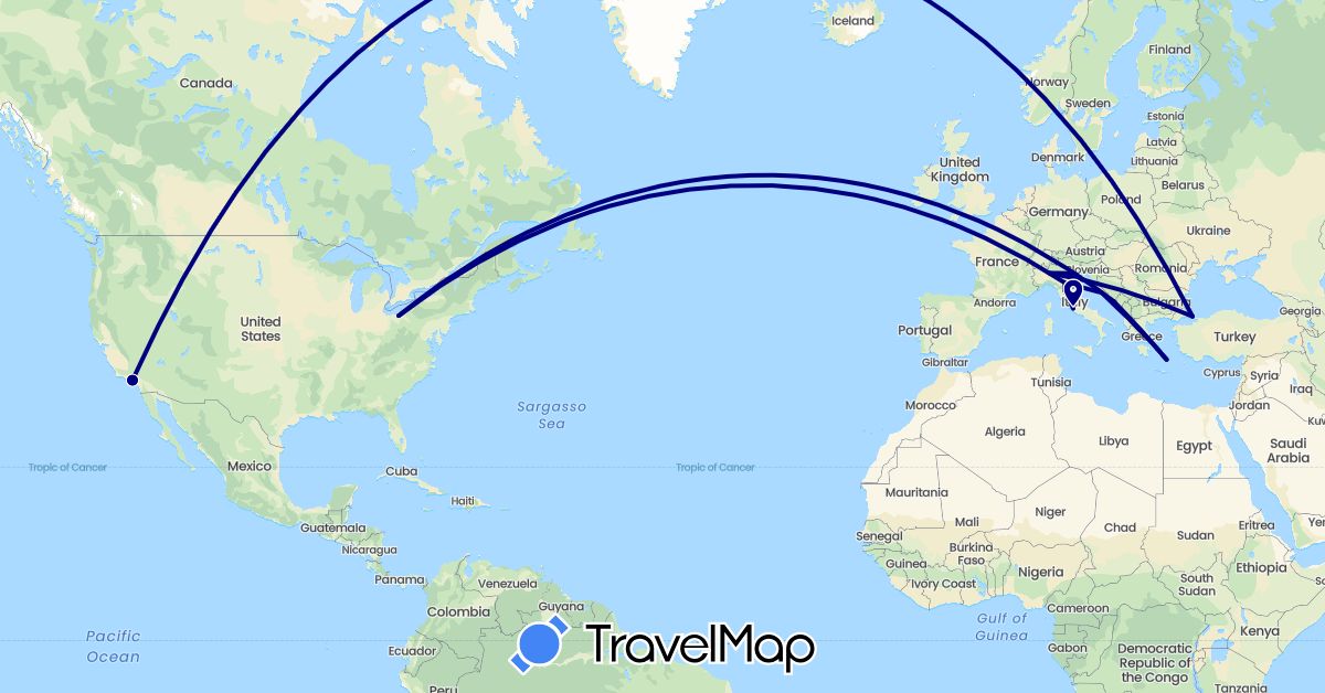 TravelMap itinerary: driving in Greece, Croatia, Italy, Turkey, United States (Asia, Europe, North America)